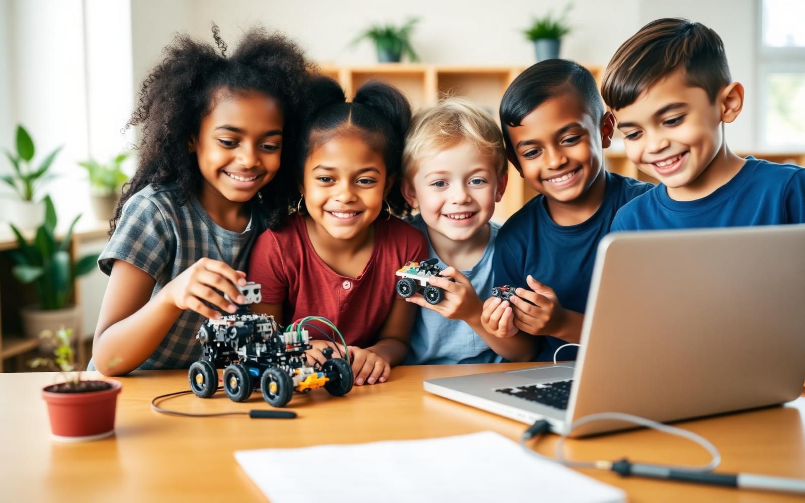 Children working on a robotics project at summer camp